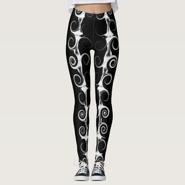 Legging Espirais e Ondulações Preto e Branco Padrão (Frente)