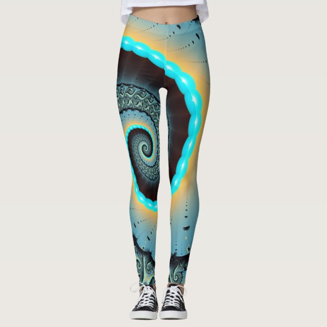 Legging Espiral de Arte Fractal Laranja abstrato azul Turq (Frente)