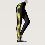 Legging Esportes Negros Modernos com Stripes Amarelas<br><div class="desc">Design Amarelo-impermeável Fita Esportiva Negra</div>