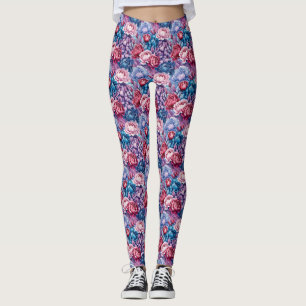 Legging Esquema de Flor Azul Rosa e Púrpura