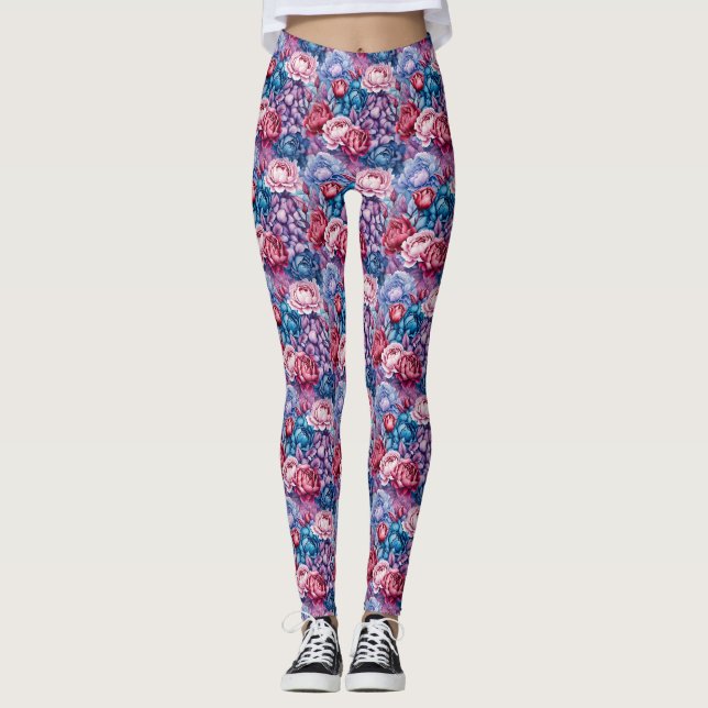 Legging Esquema de Flor Azul Rosa e Púrpura (Frente)