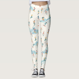 Legging Esqui de Inverno Montanhas de Neve Esquiadores