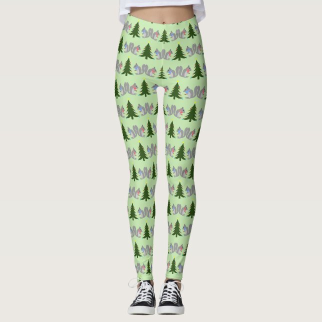 Legging Esquilos Decorantes de Árvore de Natal Padrão (Frente)