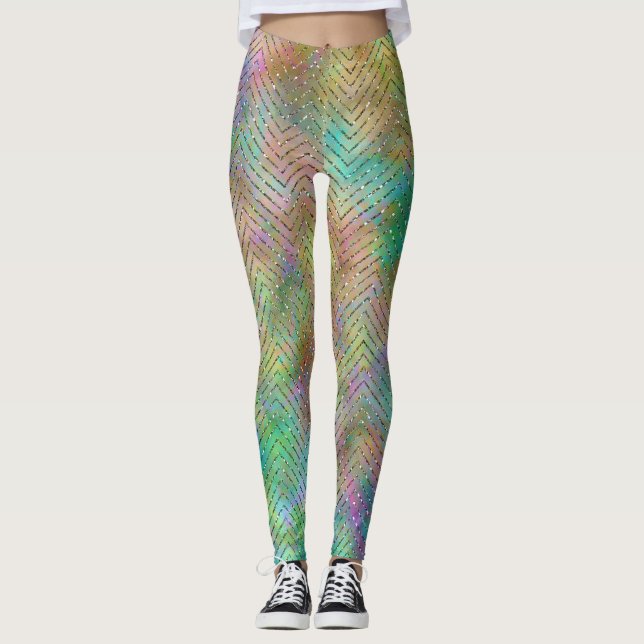 Legging Estampa de Chevron com Luzes de Arco-Íris Dourado  (Frente)