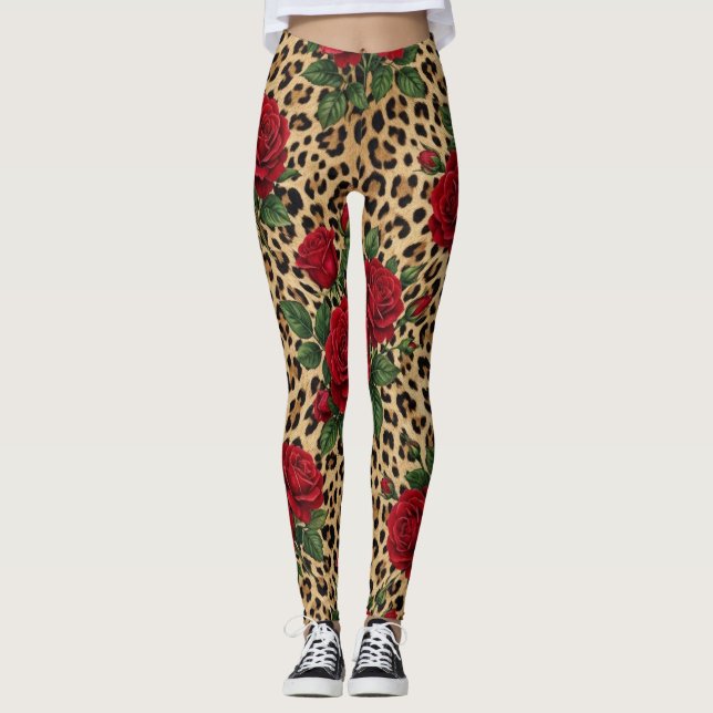 Legging Estampa de leopardo com rosas vermelhas (Frente)