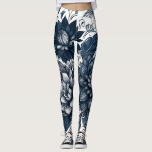 Legging Estampa Floral Boêmia Azul e Branco