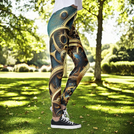 Legging Estampunk Clockwork Dourado e Teal