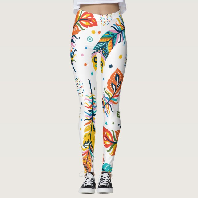 Legging Estilo Boho, padrão de pena sem falhas. (Frente)