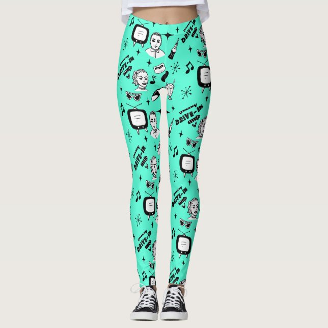 Legging Estilo de Arte Retro-Pop preto e branco nostálgico (Frente)