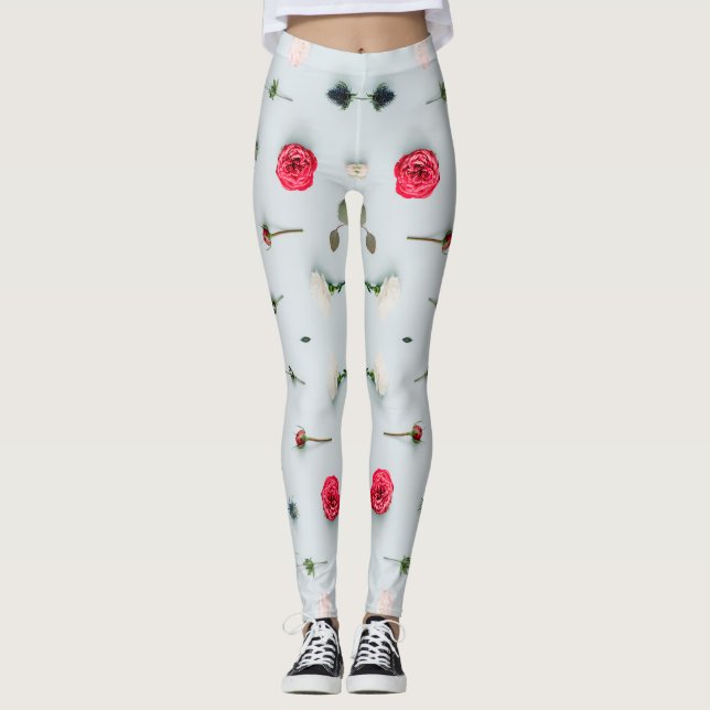 Legging Estilo de lua de mel de padrão floral 2x2 branco e (Frente)