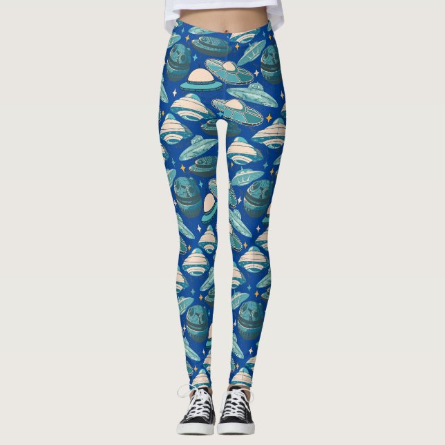 Legging Estilo de Retro de Padrão de OVNI. Azul BG (Frente)
