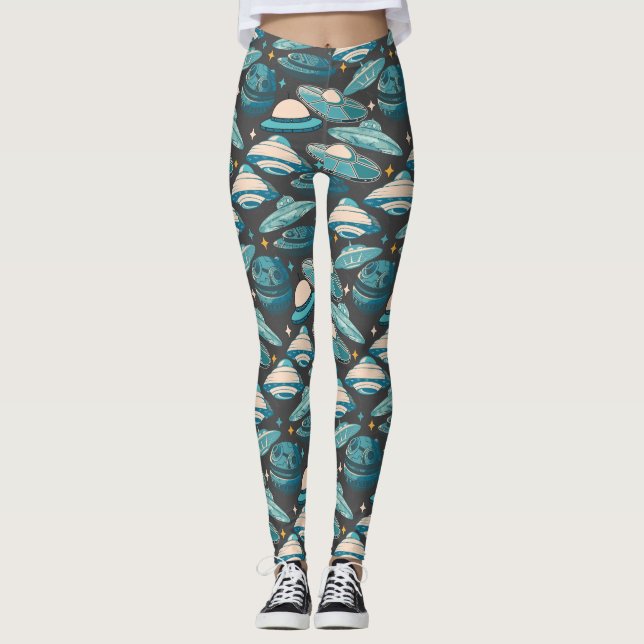 Legging Estilo de Retro de Padrão de OVNI. D CINZA BG (Frente)