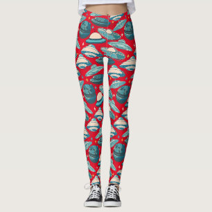 Legging Estilo de Retro de Padrão de OVNI. Vermelho BG