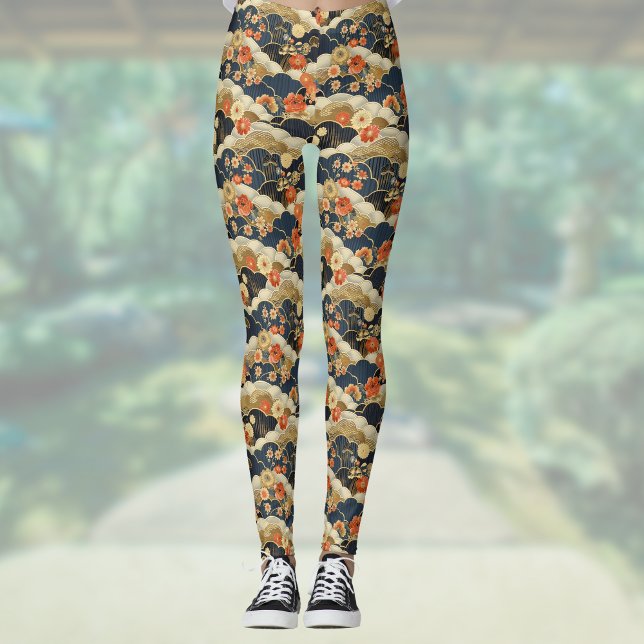 Legging Estilo Japonês - Impressão do Floral e das Nuvens  (Criador carregado)