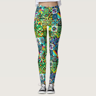 Legging Estilo Retro Padrão Verde dos Anos 70 em Ajustado 