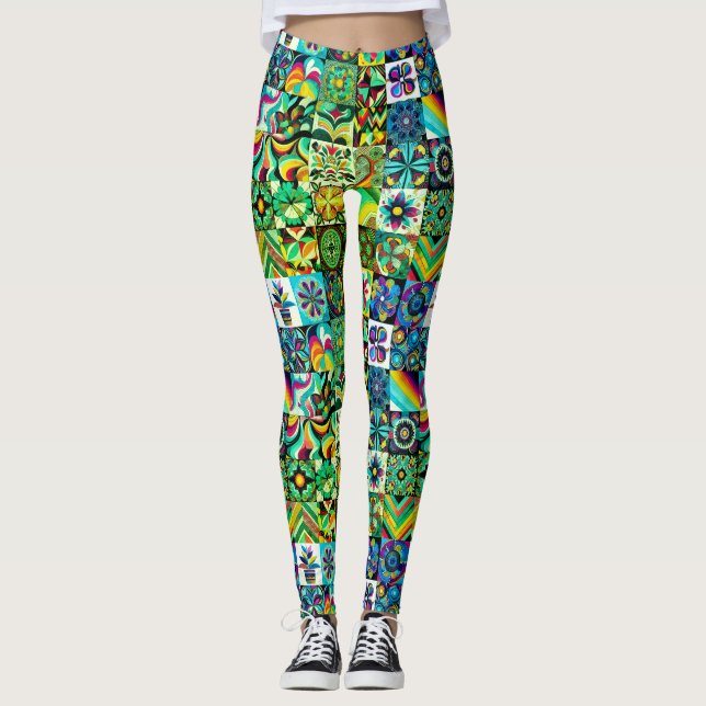 Legging Estilo Retro Padrão Verde dos Anos 70 em Ajustado  (Frente)