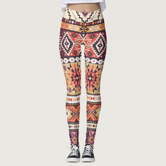 Legging Estilo tribal colorido, padrão contínuo vibrante. (Frente)