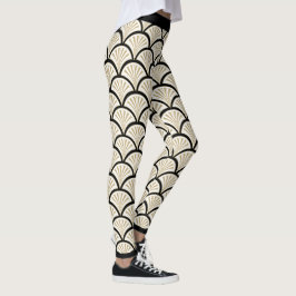 Legging Estilos das flores de bege e de arte-deco preto