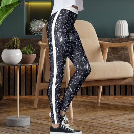 Legging Estirpe de Padrão de Brilhante Branco-Branco-Cinto