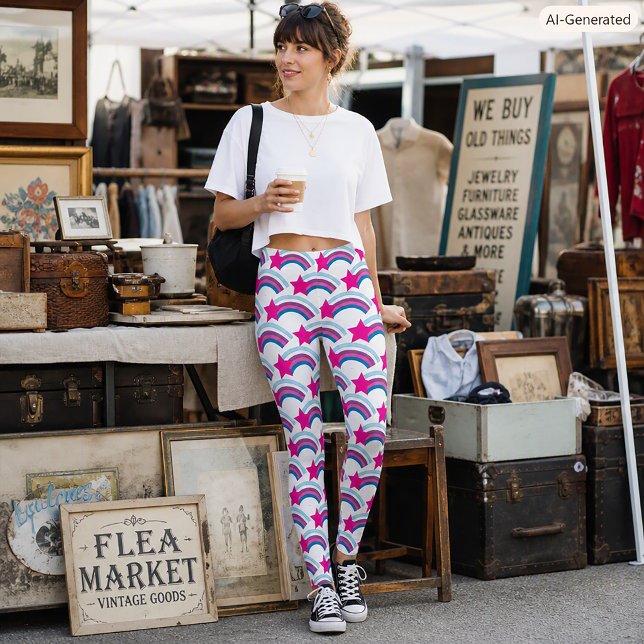 Legging Estrela Cadente Rosa Caprichosa Arco-Íris (A pair of leggings with a pink star and rainbow pattern.)
