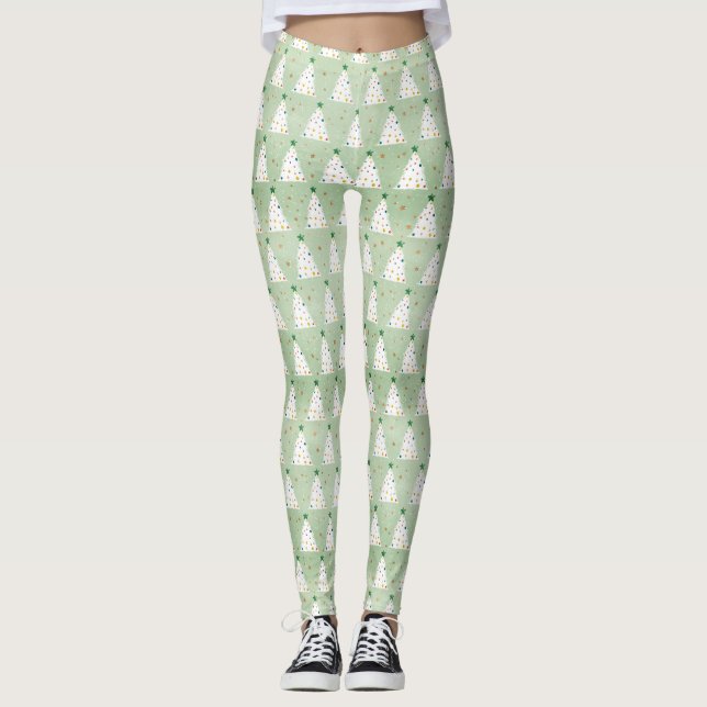 Legging Estrela Verde e Ornamentos de Árvores Xmas Brancas (Frente)