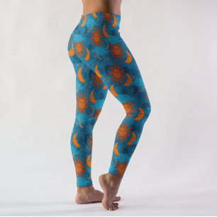 Legging Estrelas Celestiais Sol Lua Nuvens Céu Noturno Azu