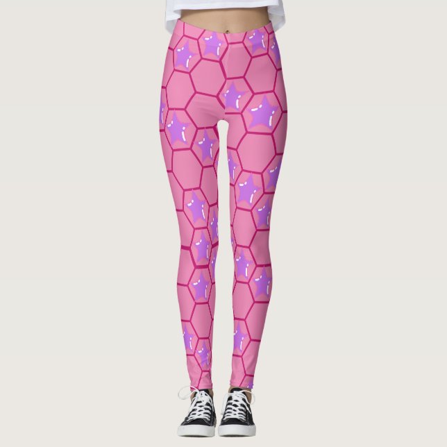 Legging Estrelas cor-de-rosa num pente de mel da fúcsia (Frente)