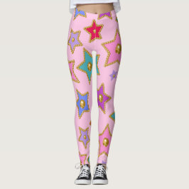 Legging Estrelas de cores embelezadas de Miçangas Douradas