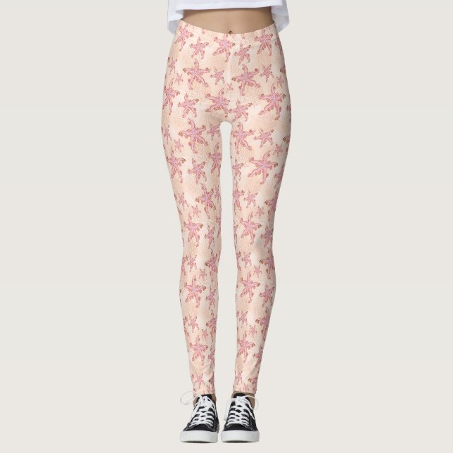 Legging Estrelas-do-mar e Coral Padrão Pastel Rosa (Frente)