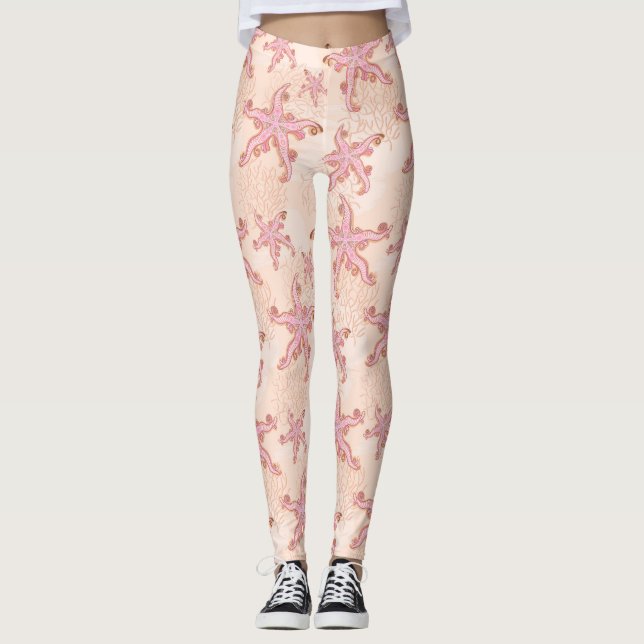 Legging Estrelas-do-mar e Coral Padrão Pastel Rosa (Frente)