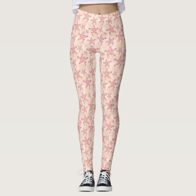 Legging Estrelas-do-mar e Coral Padrão Pastel Rosa (Frente)