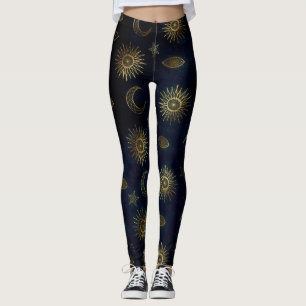 Legging Estrelas Douradas da Lua Solar Celestial Azul