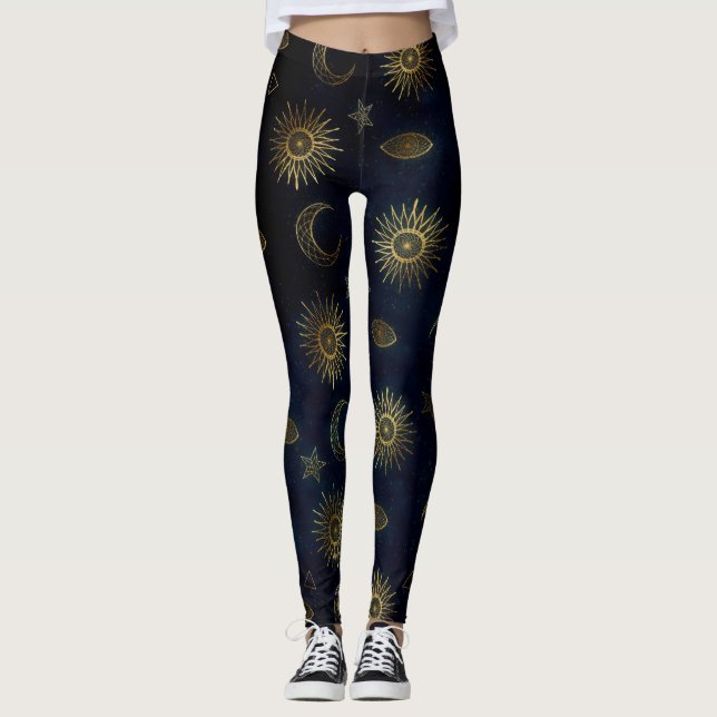 Legging Estrelas Douradas da Lua Solar Celestial Azul (Frente)
