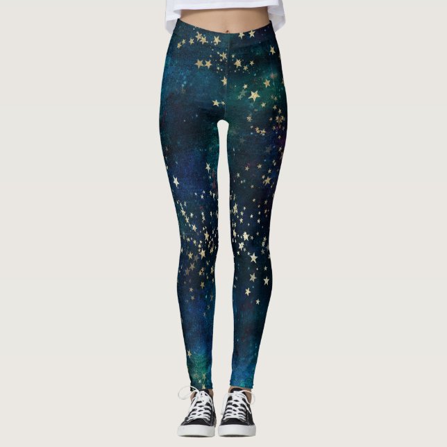 Legging Estrelas Douradas do Céu Celeste (Frente)