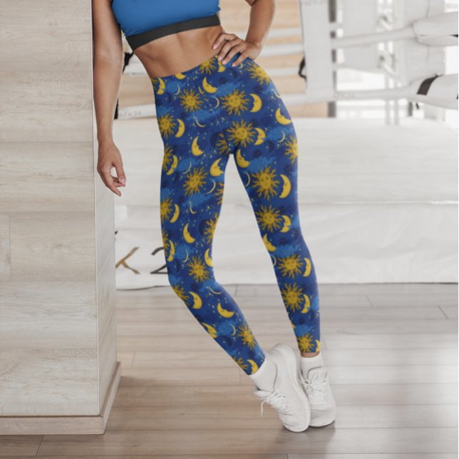 Legging Estrelas Sol  Lua Padrão Celeste Azul Dourado (Criador carregado)
