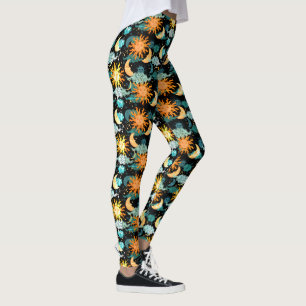 Legging Estrelas Sol Lua Padrão Celeste Preto