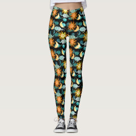 Legging Estrelas Sol Lua Padrão Celeste Preto