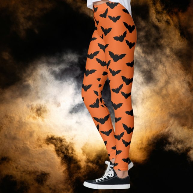 Legging Eu tenho pernas de morcegos laranja (Scary black bats for Halloween!)