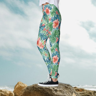 Legging Exótico Hibisco Vermelho Tropical Havaiano Aquarel