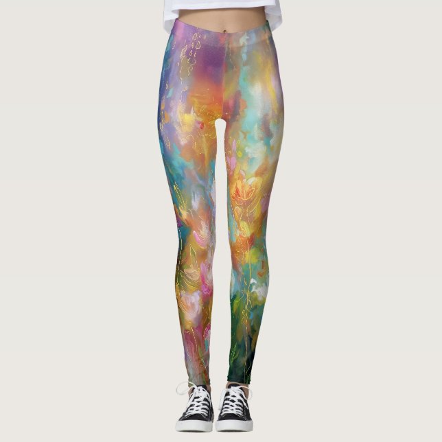 Legging Explosão floral cósmica abstrata em cores pastéis (Frente)