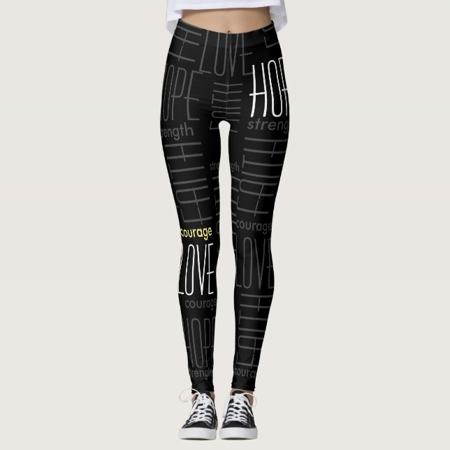 Legging Faith HopeLoveForça e Cinza de coragem em preto (Frente)