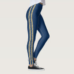 Legging Faixa Atlética de Texto Personalizada Azul e Doura<br><div class="desc">Leggings personalizadas, azuis e Douradas, com uma faixa dupla atlética em brilho dourado, imprimido com texto personalizado no meio, que pode ser diferente em cada lado. Perfeito para mostrar sua citação favorita, mantra verso, inspiracional, nome da equipe ou adicionar seu nome ao lado de cada perna! A cor da legenda...</div>