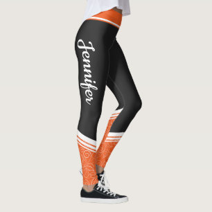 Legging Faixa branca floral laranja e preta e denominaçã