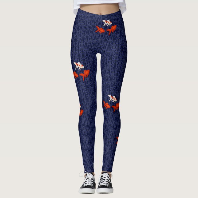 Legging Fantail Goldfish no padrão de onda de Seigaiha Jap (Frente)