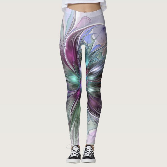 Legging Fantasia Abstrata Moderna Colorida Floral Fractal (Frente)