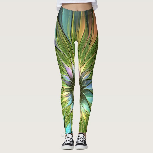 Legging Fantasia Colorida Luminosa Flores Arte Fractal (Frente)