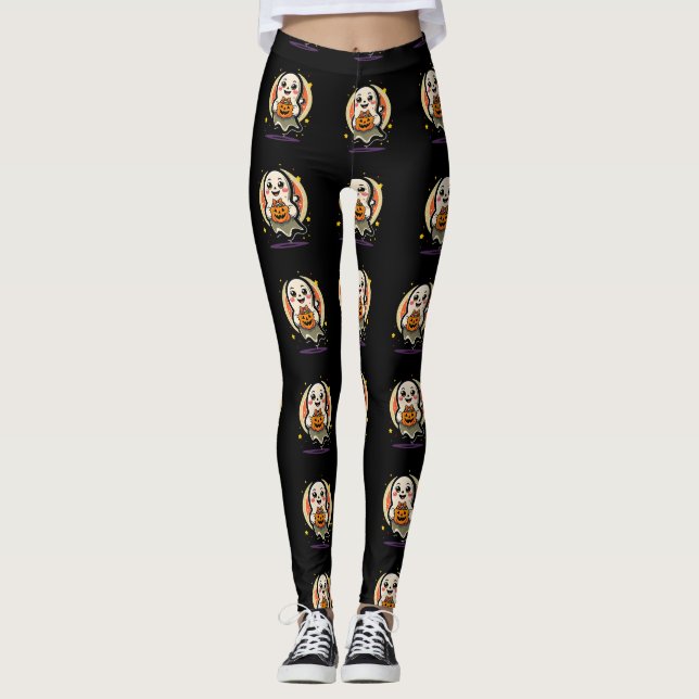 Legging Fantasma Fofo Segurando Balde de Doces de Abóbora  (Frente)