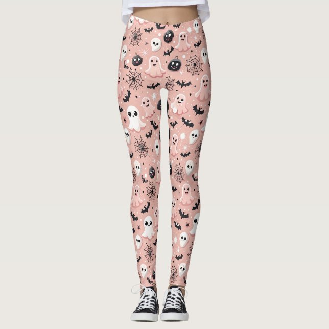 Legging Fantasmas Rosa e Padrão Invisível do Halloween (Frente)