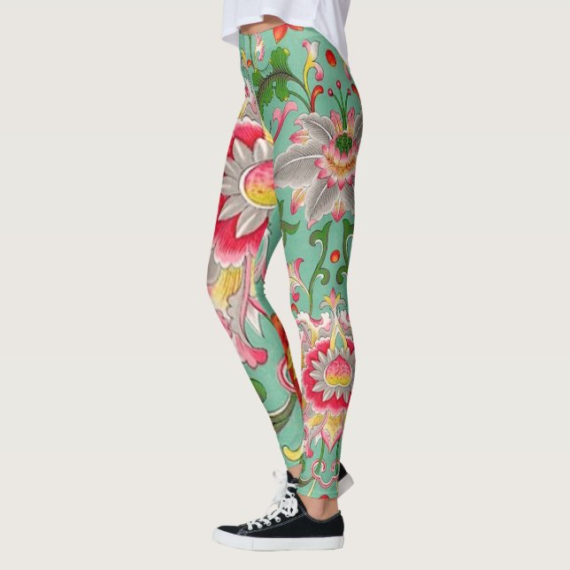 Legging Fantasy Floral Oriental Chinoiserie em Verde (Esquerda)