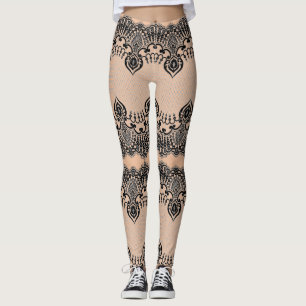 Legging Faux Black Lace Fishnets Ornaments Florais Elegant